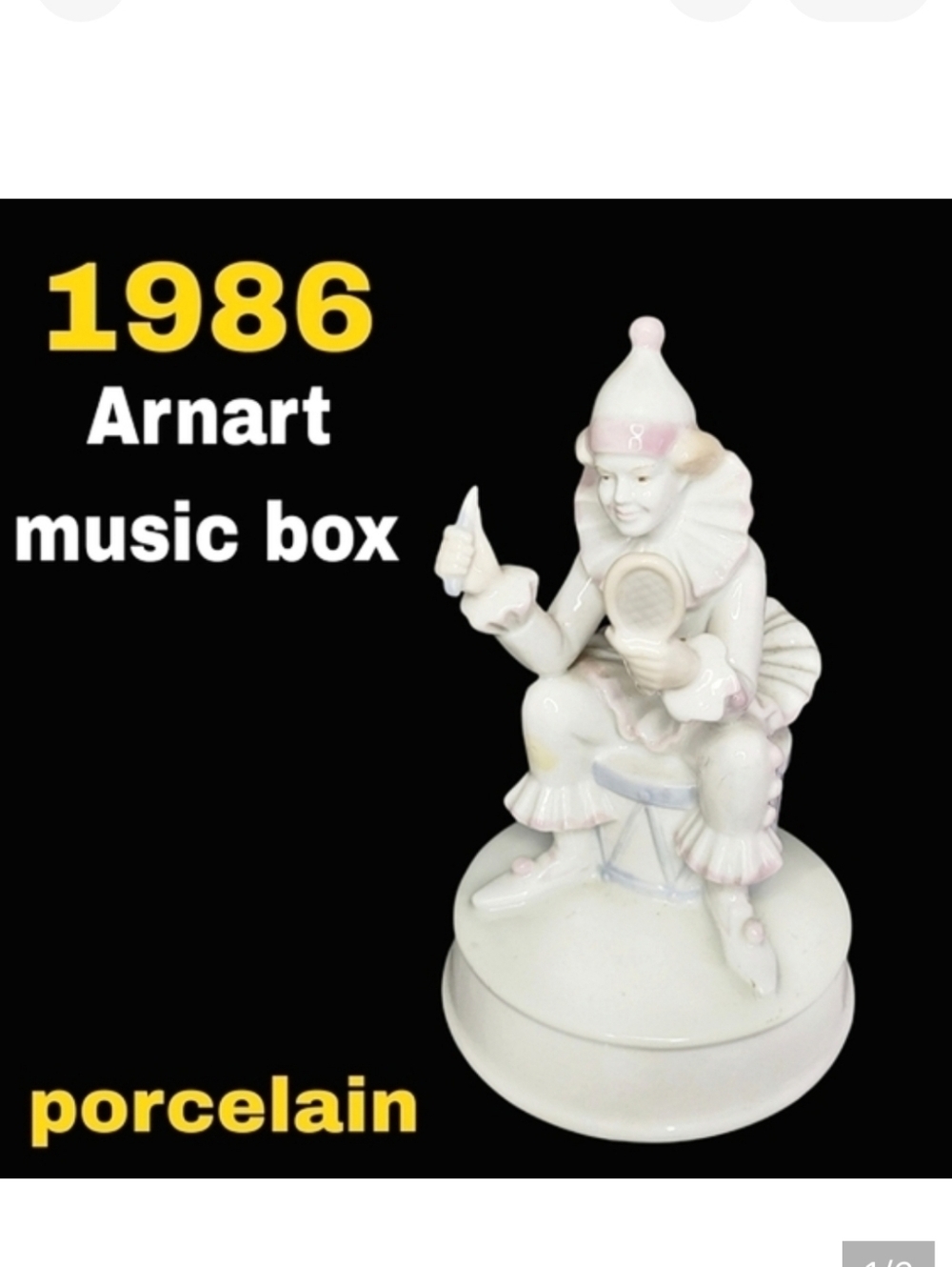 1986 Creepy Vintage Arnart Porcelain Clown Rotating Music Box -